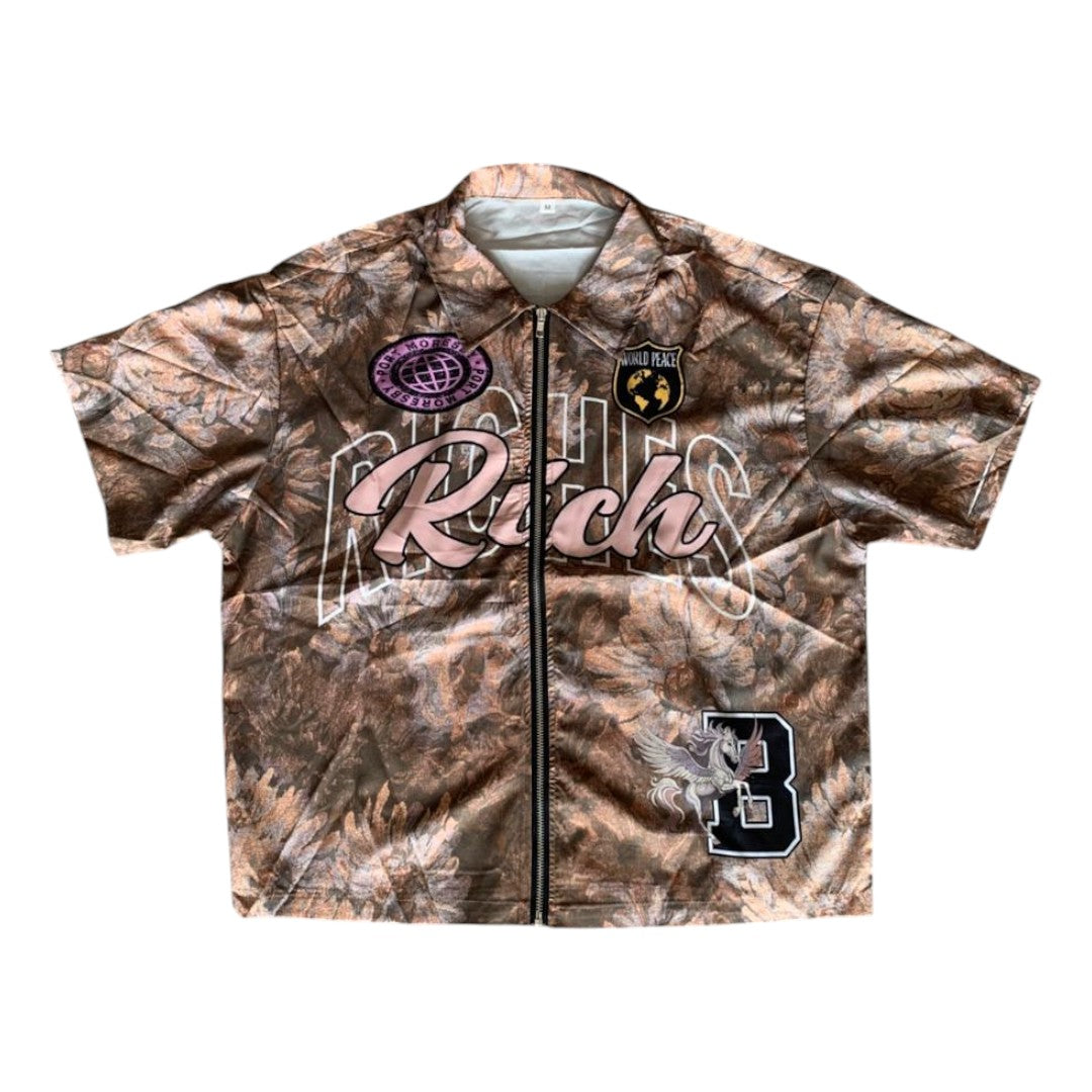 Camisa Zipper 'Strata' | Streetwear Abstract Print con Parches